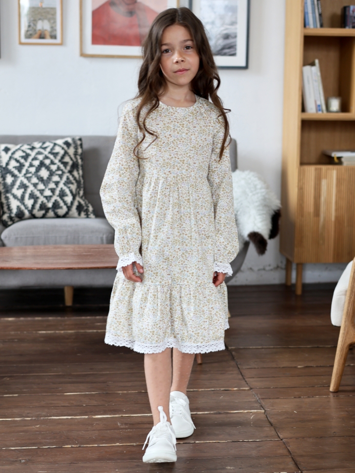 Платье для девочки БУШОН XB88, бежевый/хаки цветы