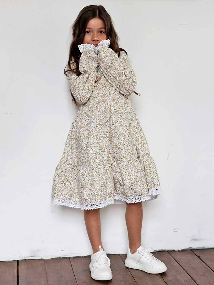 Платье для девочки БУШОН XB88, бежевый/хаки цветы