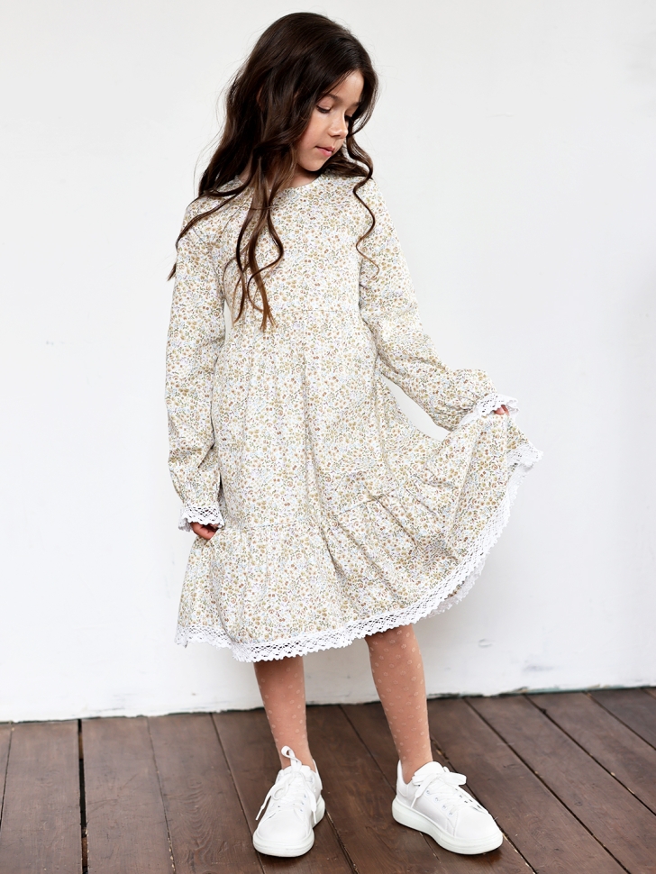 Платье для девочки БУШОН XB88, бежевый/хаки цветы