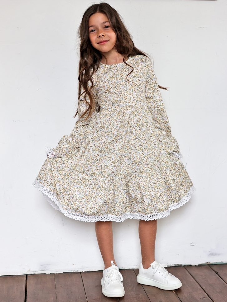 Платье для девочки БУШОН XB88, бежевый/хаки цветы