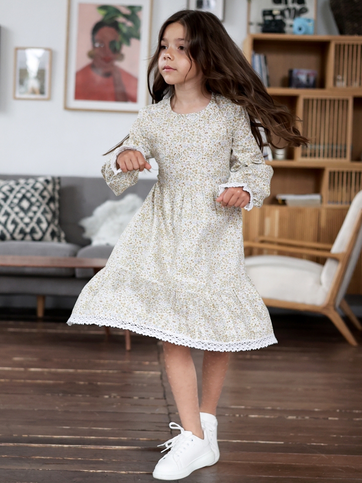 Платье для девочки БУШОН XB88, бежевый/хаки цветы