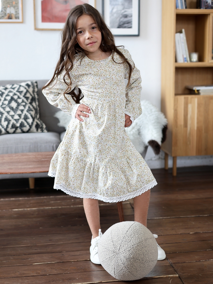 Платье для девочки БУШОН XB88, бежевый/хаки цветы