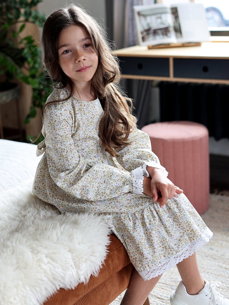 Платье для девочки БУШОН XB88, бежевый/хаки цветы