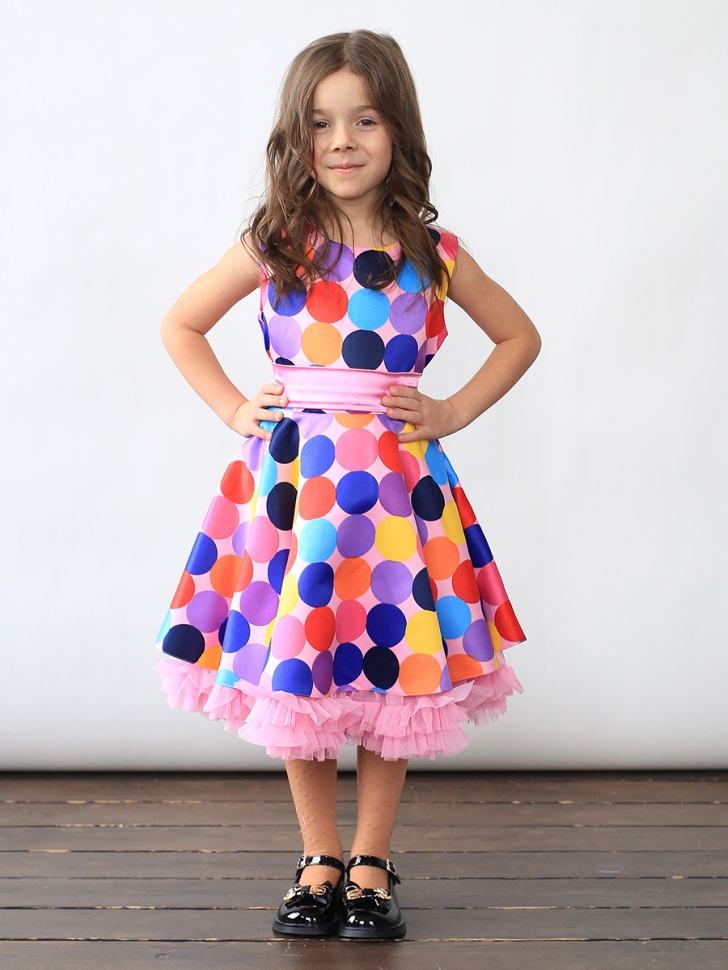 Платье для девочки нарядное БУШОН ST20, стиляги цвет мультиколор, светло-розовый пояс, принт горох 