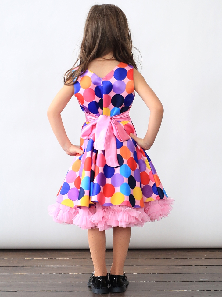Платье для девочки нарядное БУШОН ST20, стиляги цвет мультиколор, светло-розовый пояс, принт горох 