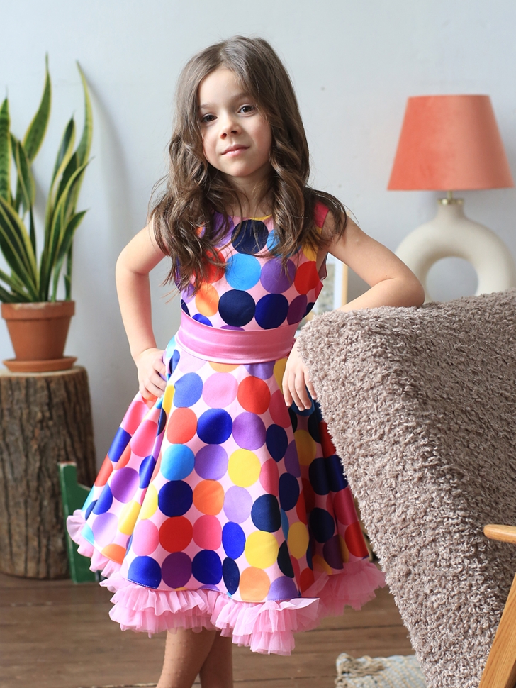 Платье для девочки нарядное БУШОН ST20, стиляги цвет мультиколор, светло-розовый пояс, принт горох 