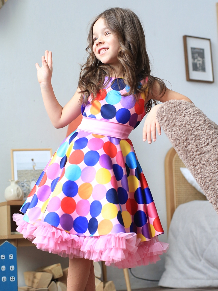Платье для девочки нарядное БУШОН ST20, стиляги цвет мультиколор, светло-розовый пояс, принт горох 