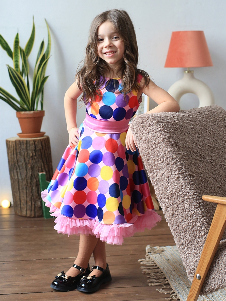 Платье для девочки нарядное БУШОН ST20, стиляги цвет мультиколор, светло-розовый пояс, принт горох 