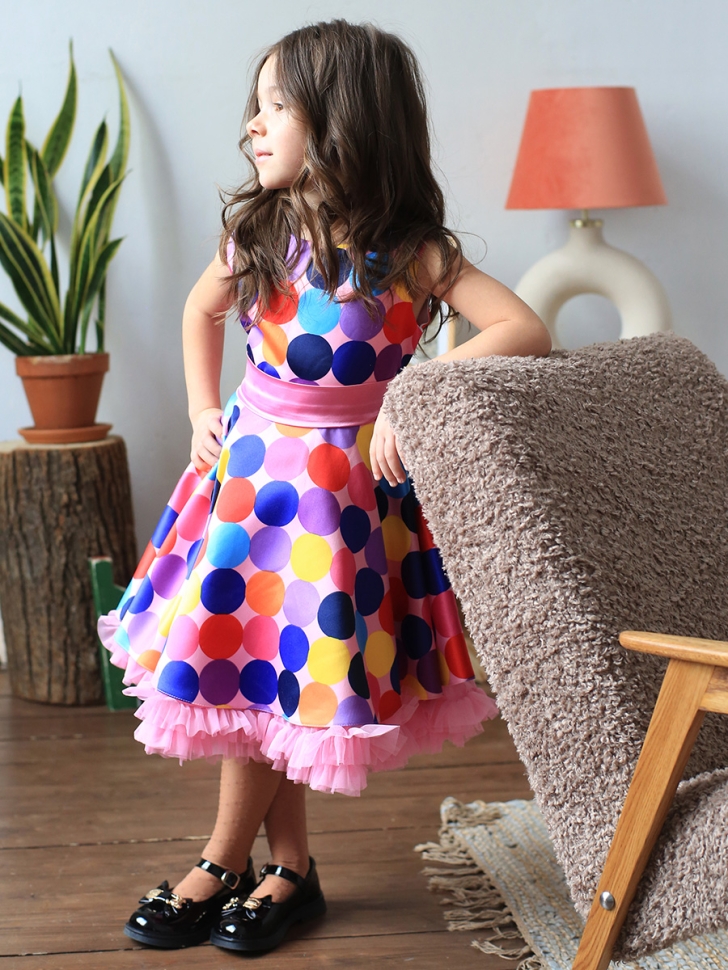 Платье для девочки нарядное БУШОН ST20, стиляги цвет мультиколор, светло-розовый пояс, принт горох 