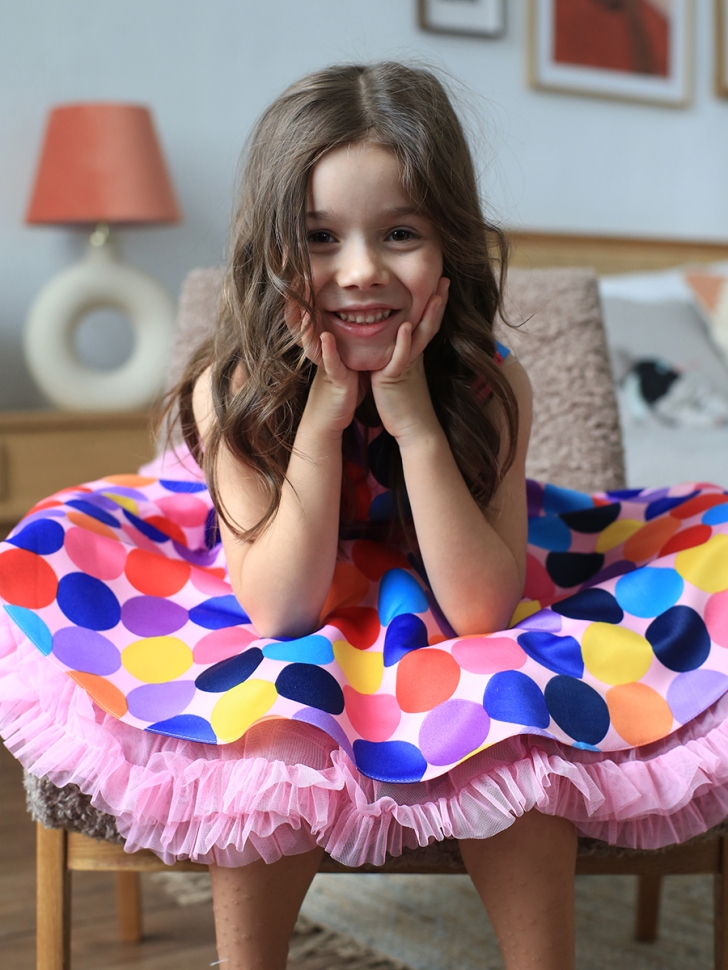 Платье для девочки нарядное БУШОН ST20, стиляги цвет мультиколор, светло-розовый пояс, принт горох 