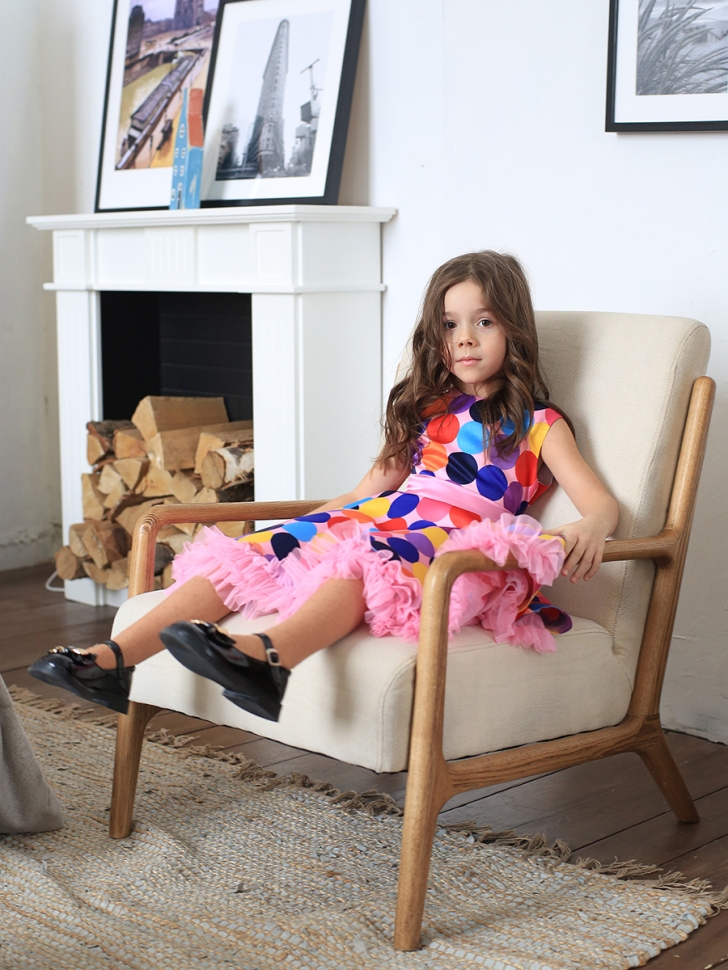 Платье для девочки нарядное БУШОН ST20, стиляги цвет мультиколор, светло-розовый пояс, принт горох 