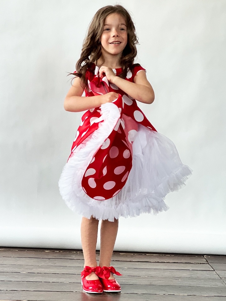 Платье для девочки нарядное БУШОН ST20, стиляги цвет красный, белый пояс, принт белый горох 