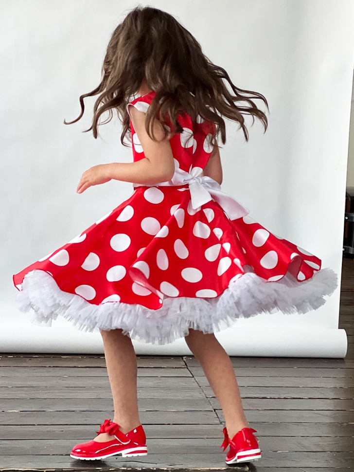 Платье для девочки нарядное БУШОН ST20, стиляги цвет красный, белый пояс, принт белый горох 