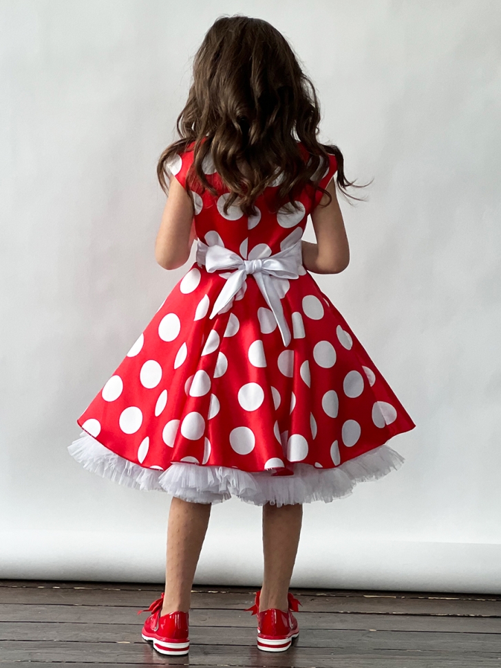 Платье для девочки нарядное БУШОН ST20, стиляги цвет красный, белый пояс, принт белый горох 