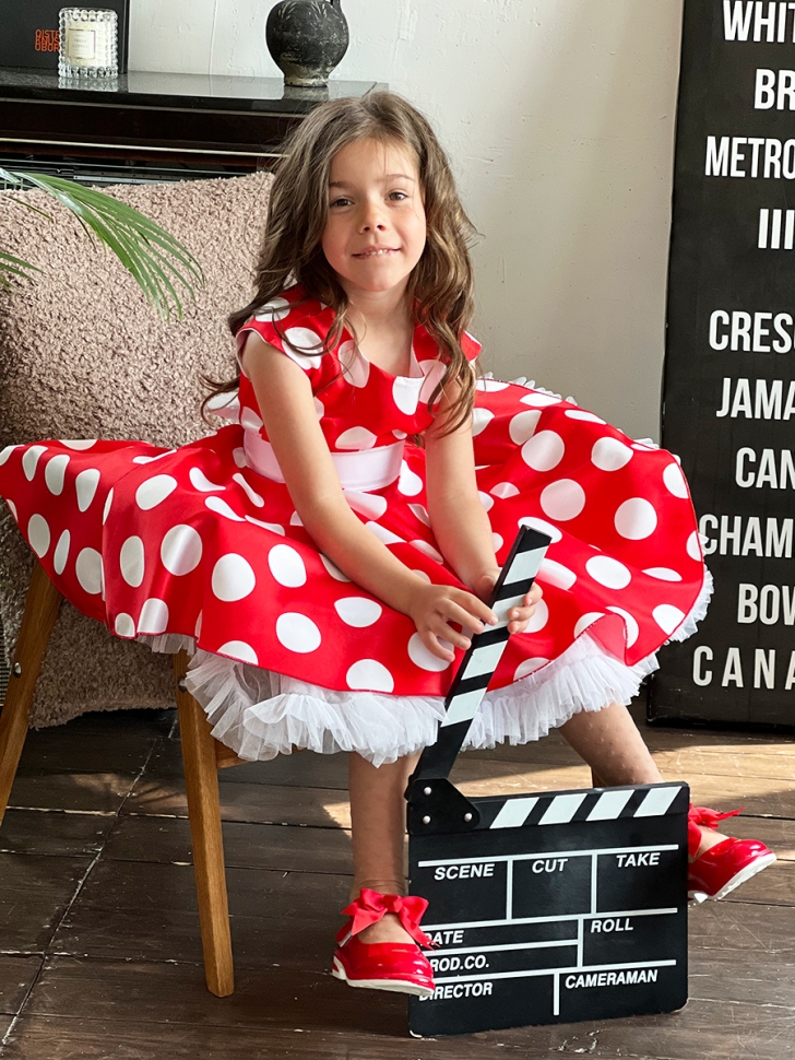 Платье для девочки нарядное БУШОН ST20, стиляги цвет красный, белый пояс, принт белый горох 