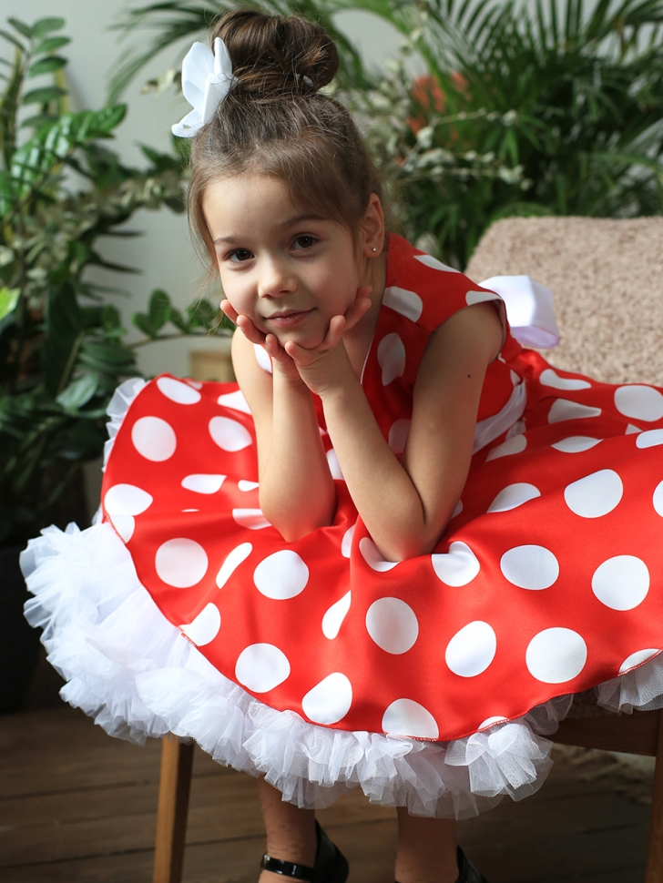 Платье для девочки нарядное БУШОН ST20, стиляги цвет красный, белый пояс, принт белый горох 