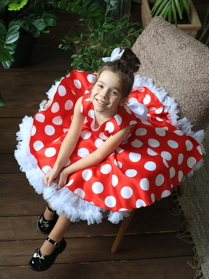 Платье для девочки нарядное БУШОН ST20, стиляги цвет красный, белый пояс, принт белый горох 