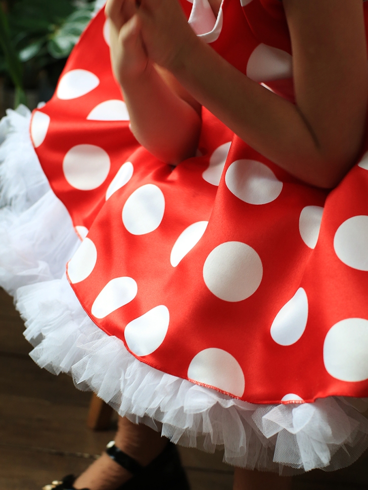 Платье для девочки нарядное БУШОН ST20, стиляги цвет красный, белый пояс, принт белый горох 