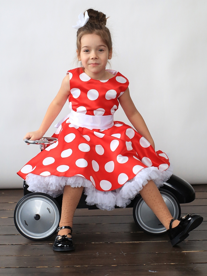 Платье для девочки нарядное БУШОН ST20, стиляги цвет красный, белый пояс, принт белый горох 