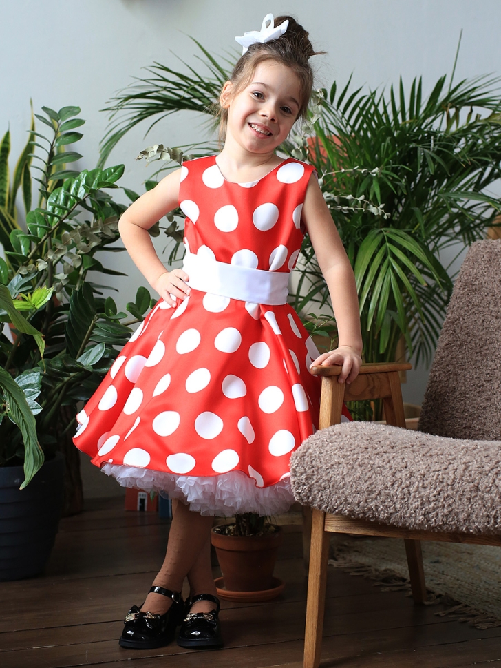Платье для девочки нарядное БУШОН ST20, стиляги цвет красный, белый пояс, принт белый горох 