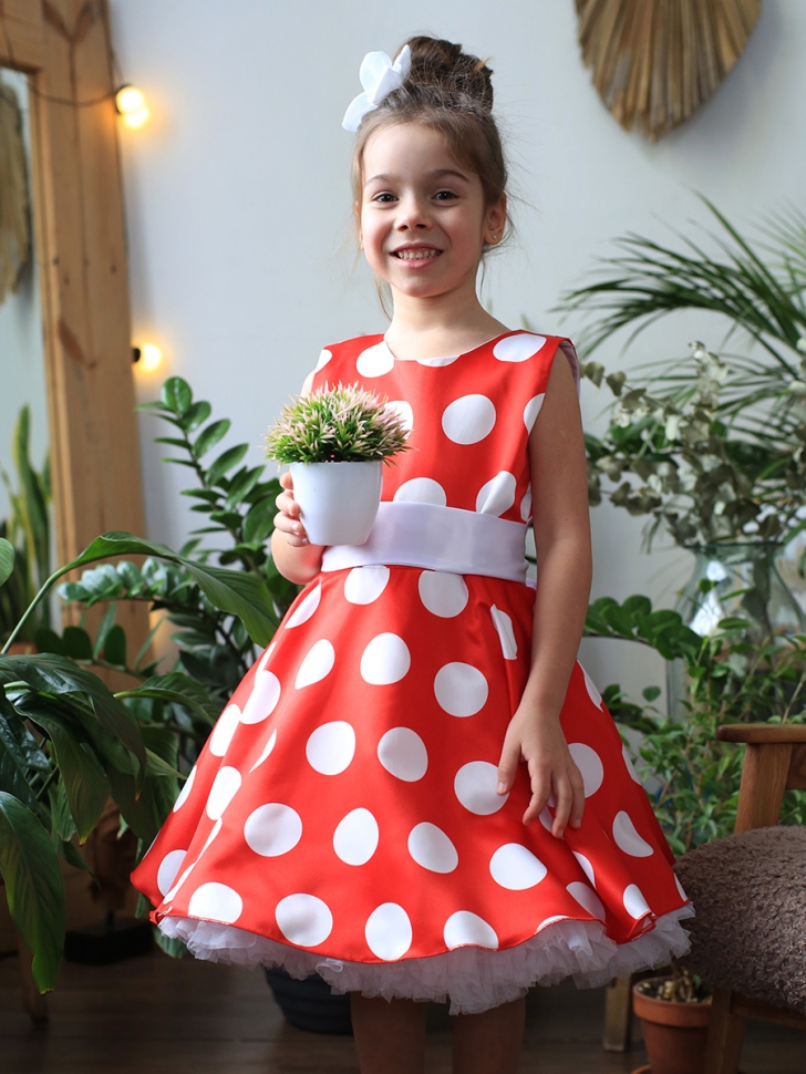 Платье для девочки нарядное БУШОН ST20, стиляги цвет красный, белый пояс, принт белый горох 