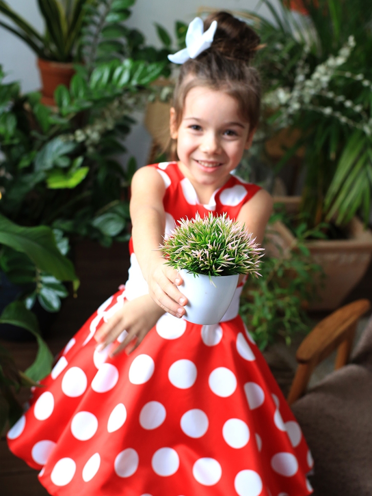 Платье для девочки нарядное БУШОН ST20, стиляги цвет красный, белый пояс, принт белый горох 