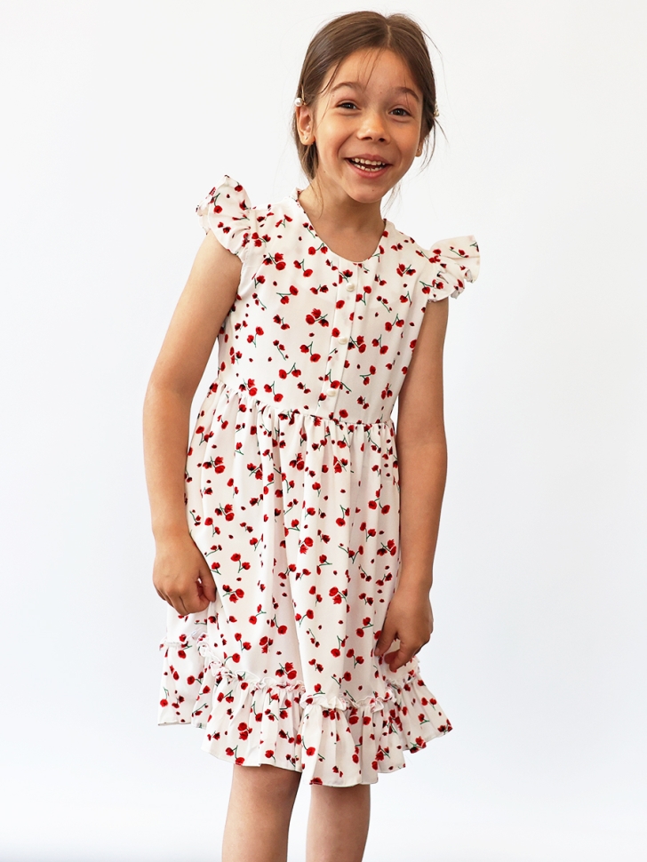 Платье для девочки вискоза БУШОН ST66, цвет белый/красный цветы