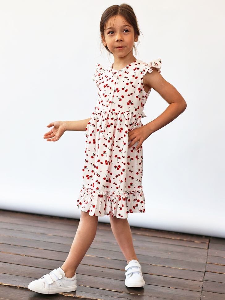 Платье для девочки вискоза БУШОН ST66, цвет белый/красный цветы