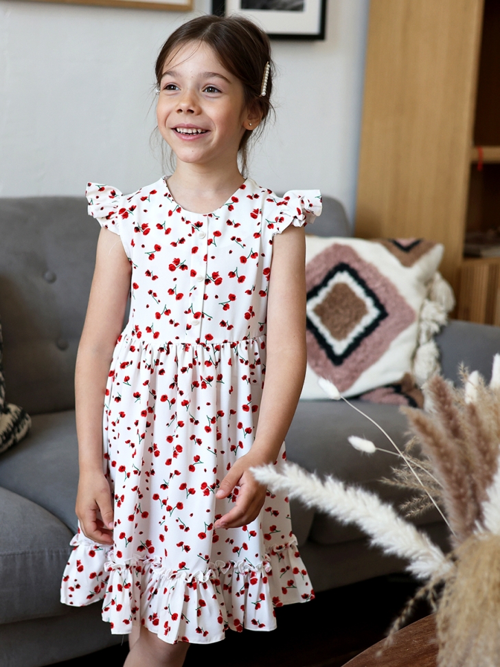 Платье для девочки вискоза БУШОН ST66, цвет белый/красный цветы