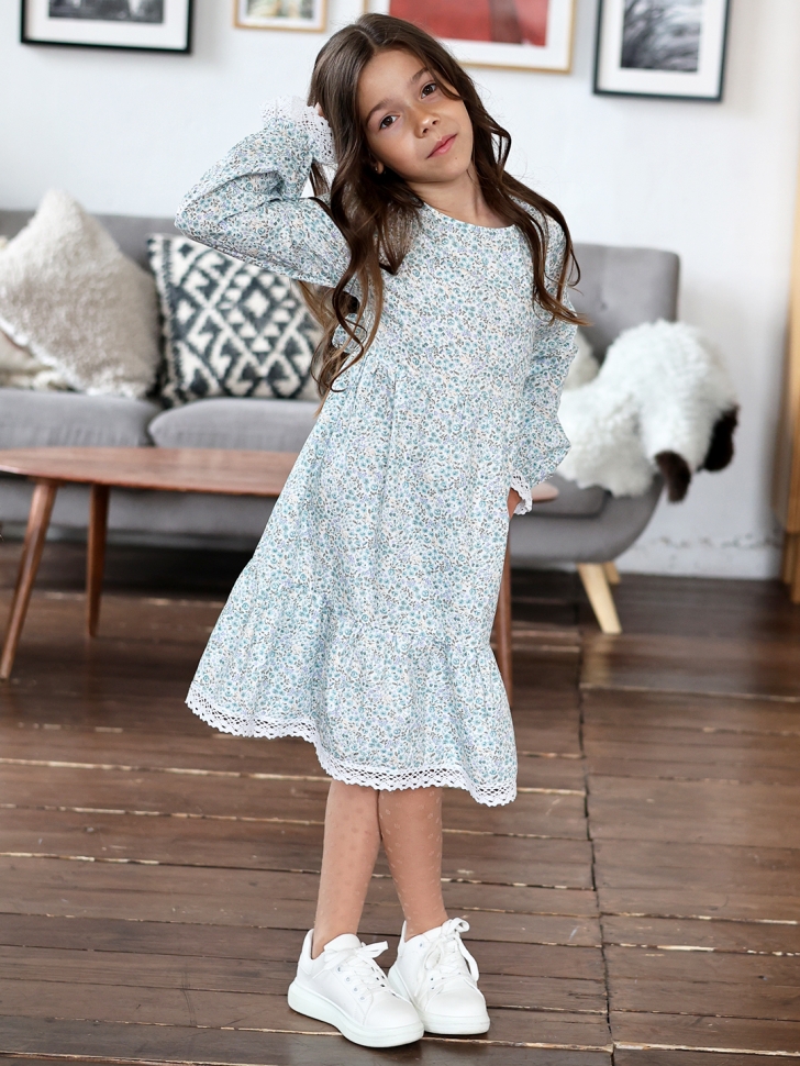 Платье для девочки БУШОН XB88, голубой цветы 