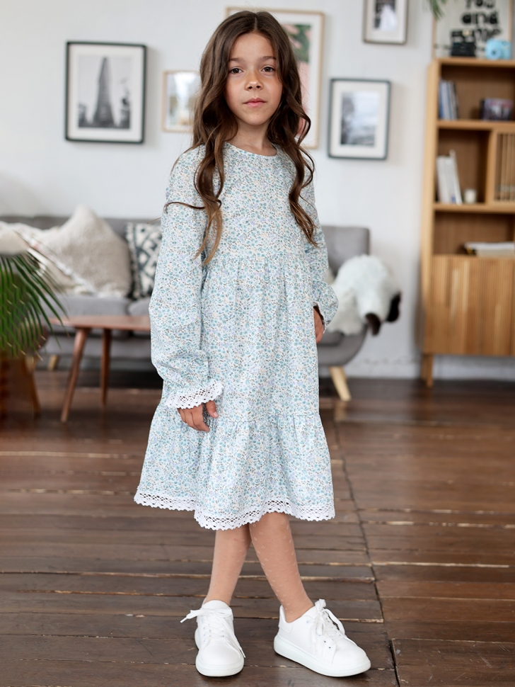 Платье для девочки БУШОН XB88, голубой цветы 