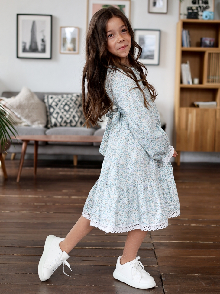 Платье для девочки БУШОН XB88, голубой цветы 