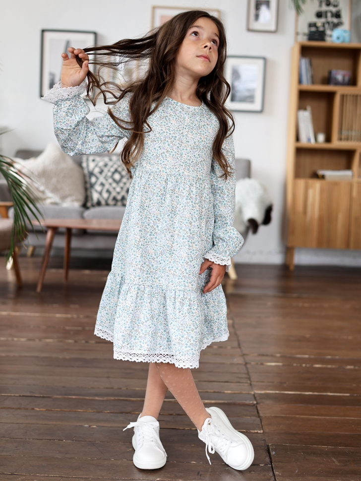 Платье для девочки БУШОН XB88, голубой цветы 