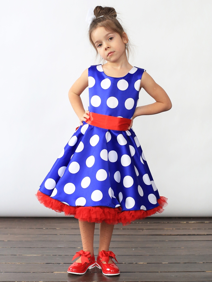 Платье для девочки нарядное БУШОН ST20, стиляги цвет василек, красный пояс, принт белый горох 