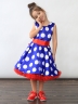 Платье для девочки нарядное БУШОН ST20, стиляги цвет василек, красный пояс, принт белый горох 