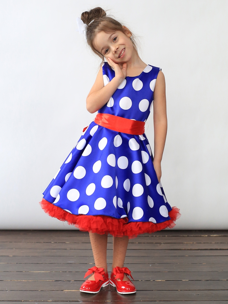 Платье для девочки нарядное БУШОН ST20, стиляги цвет василек, красный пояс, принт белый горох 
