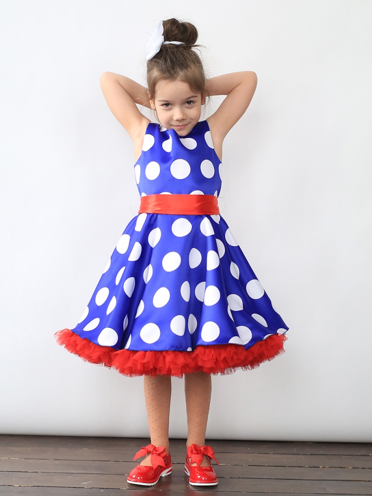 Платье для девочки нарядное БУШОН ST20, стиляги цвет василек, красный пояс, принт белый горох 