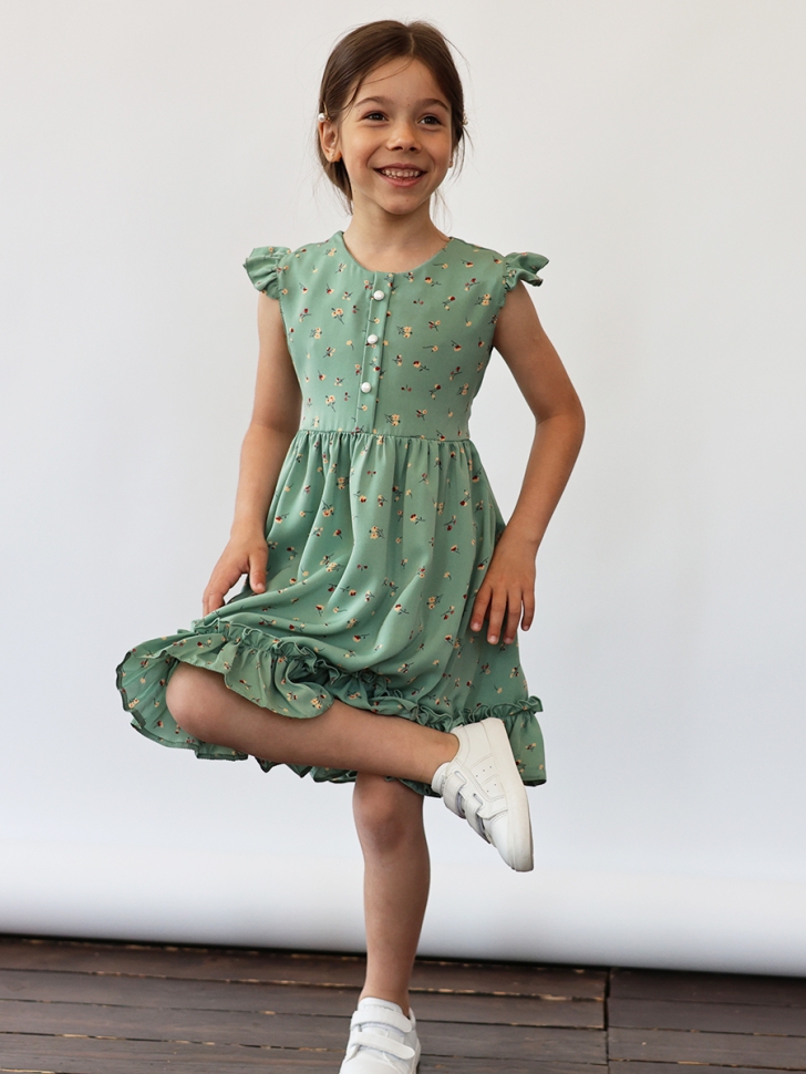 Платье для девочки вискоза БУШОН ST66, цвет зеленый цветы 