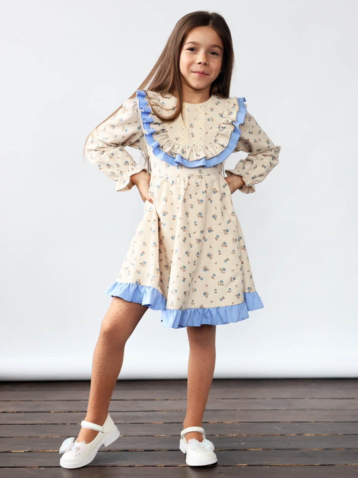 Платье для девочки нарядное БУШОН ST592, цвет бежевый/голубой 