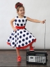 Платье для девочки нарядное БУШОН ST20, стиляги цвет белый, красный пояс, принт синий горох 
