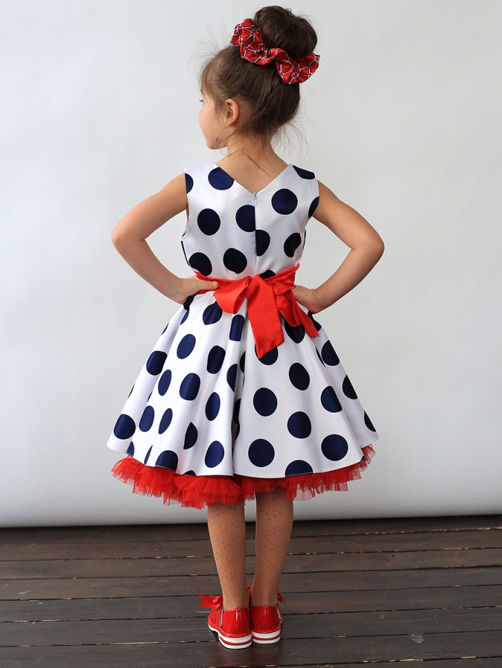 Платье для девочки нарядное БУШОН ST20, стиляги цвет белый, красный пояс, принт синий горох 