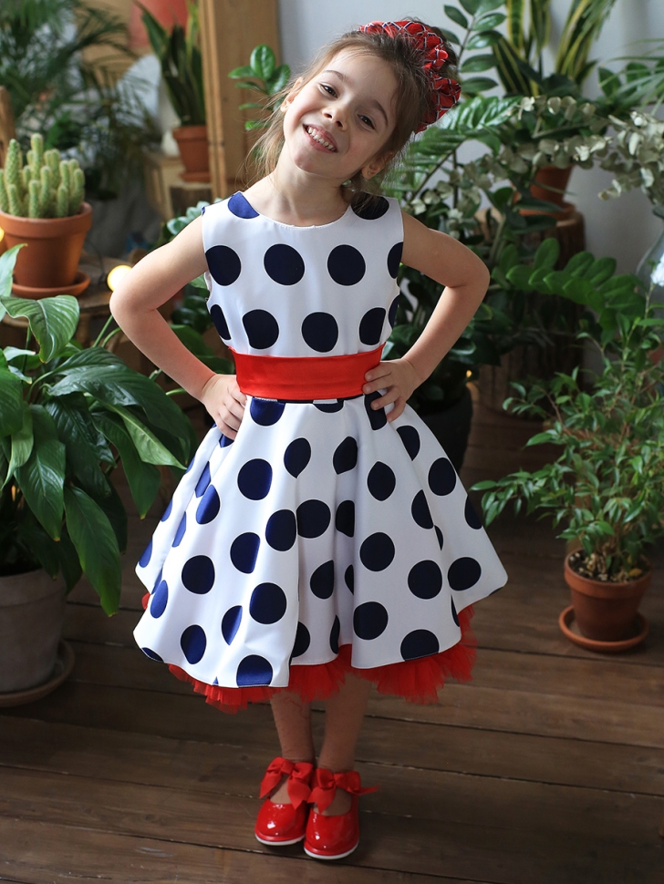 Платье для девочки нарядное БУШОН ST20, стиляги цвет белый, красный пояс, принт синий горох 