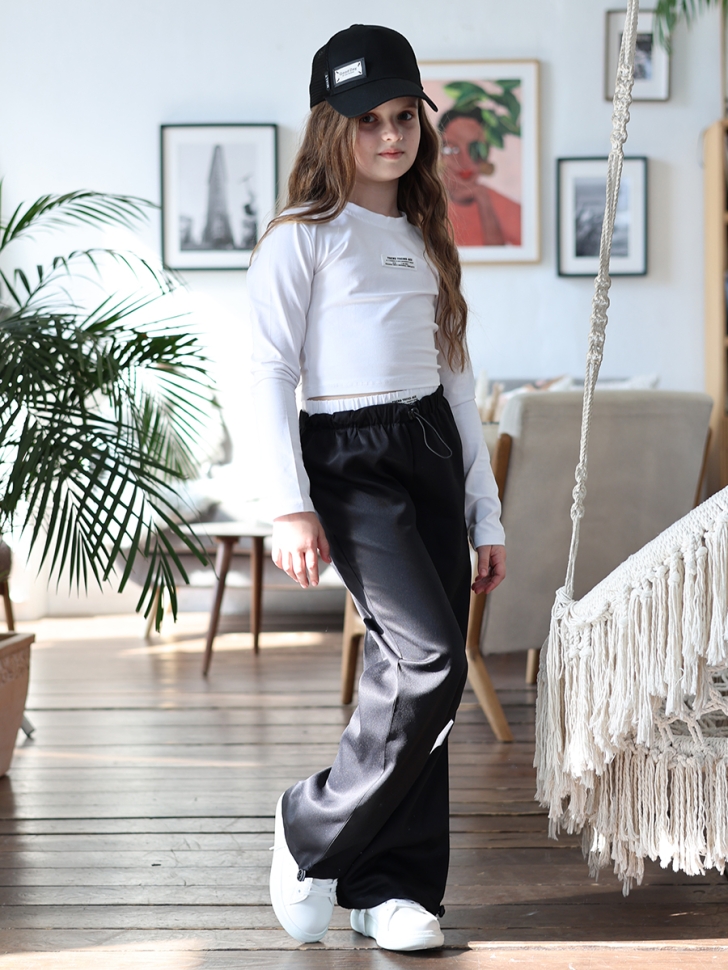 Комплект лонгслив и брюки для девочек БУШОН ST112, цвет черный/белый