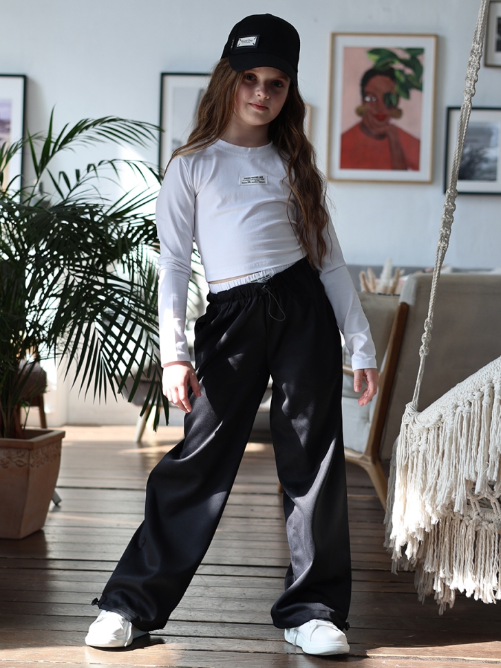 Комплект лонгслив и брюки для девочек БУШОН ST112, цвет черный/белый