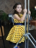 Платье для девочки нарядное БУШОН ST10, стиляги цвет желтый, синий пояс, принт синий горошек 