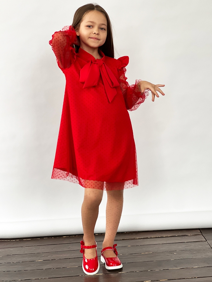 Платье для девочки нарядное БУШОН ST50, отделка фатин, цвет красный 