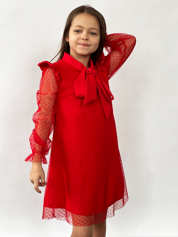 Платье для девочки нарядное БУШОН ST50, отделка фатин, цвет красный 