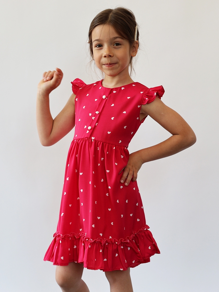Платье для девочки вискоза БУШОН ST66, цвет фуксия принт сердце