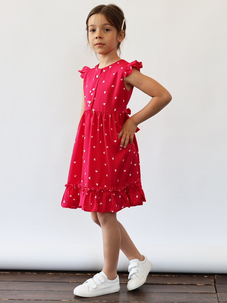Платье для девочки вискоза БУШОН ST66, цвет фуксия принт сердце