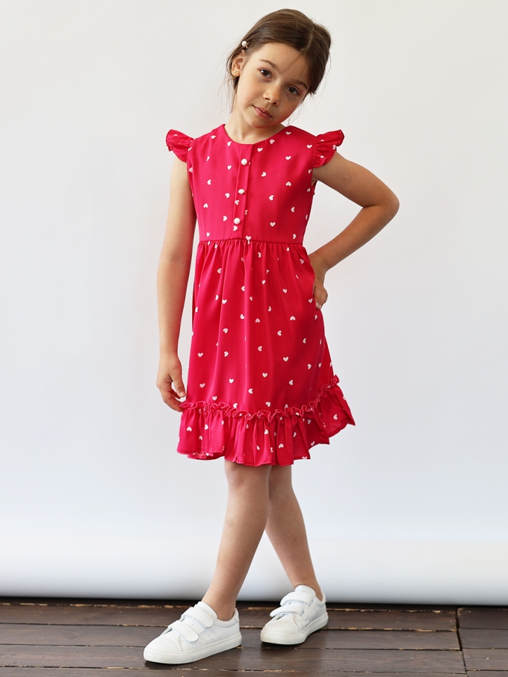Платье для девочки вискоза БУШОН ST66, цвет фуксия принт сердце